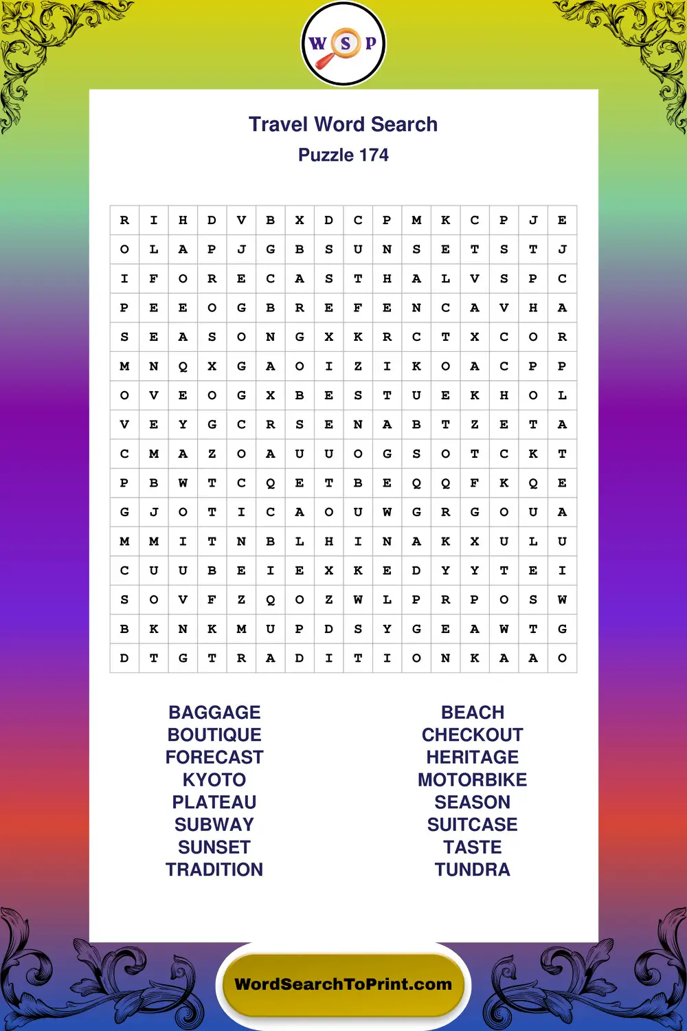 Travel Word Search Puzzle 174