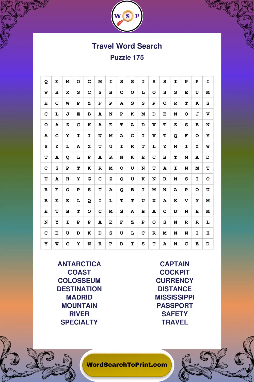 Travel Word Search Puzzle 175