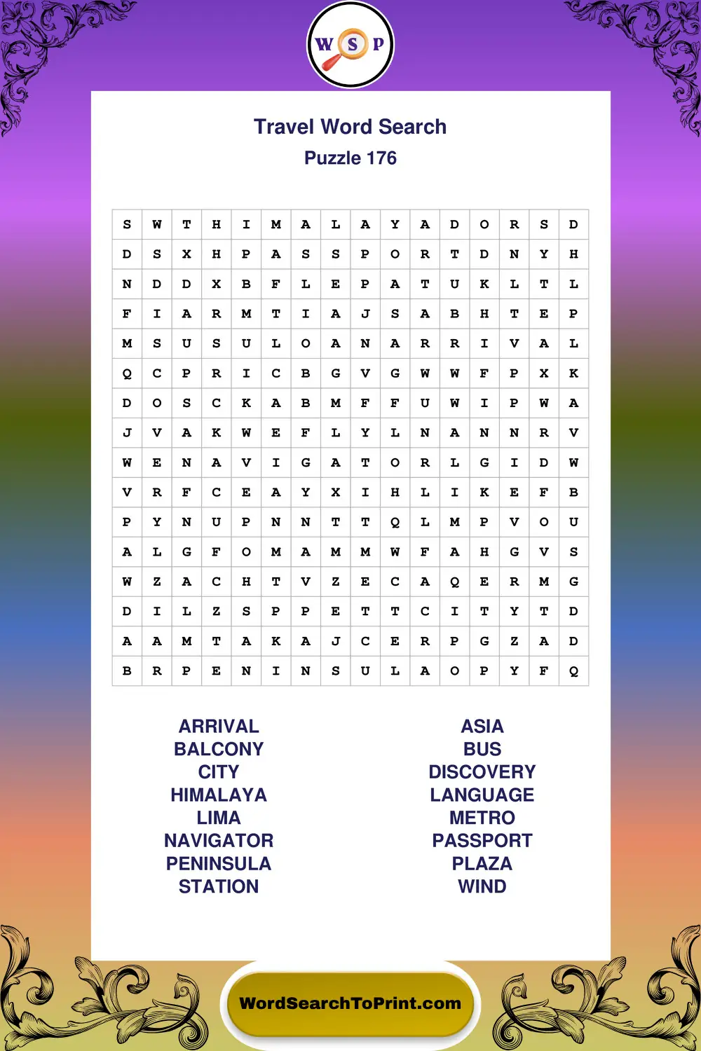 Travel Word Search Puzzle 176