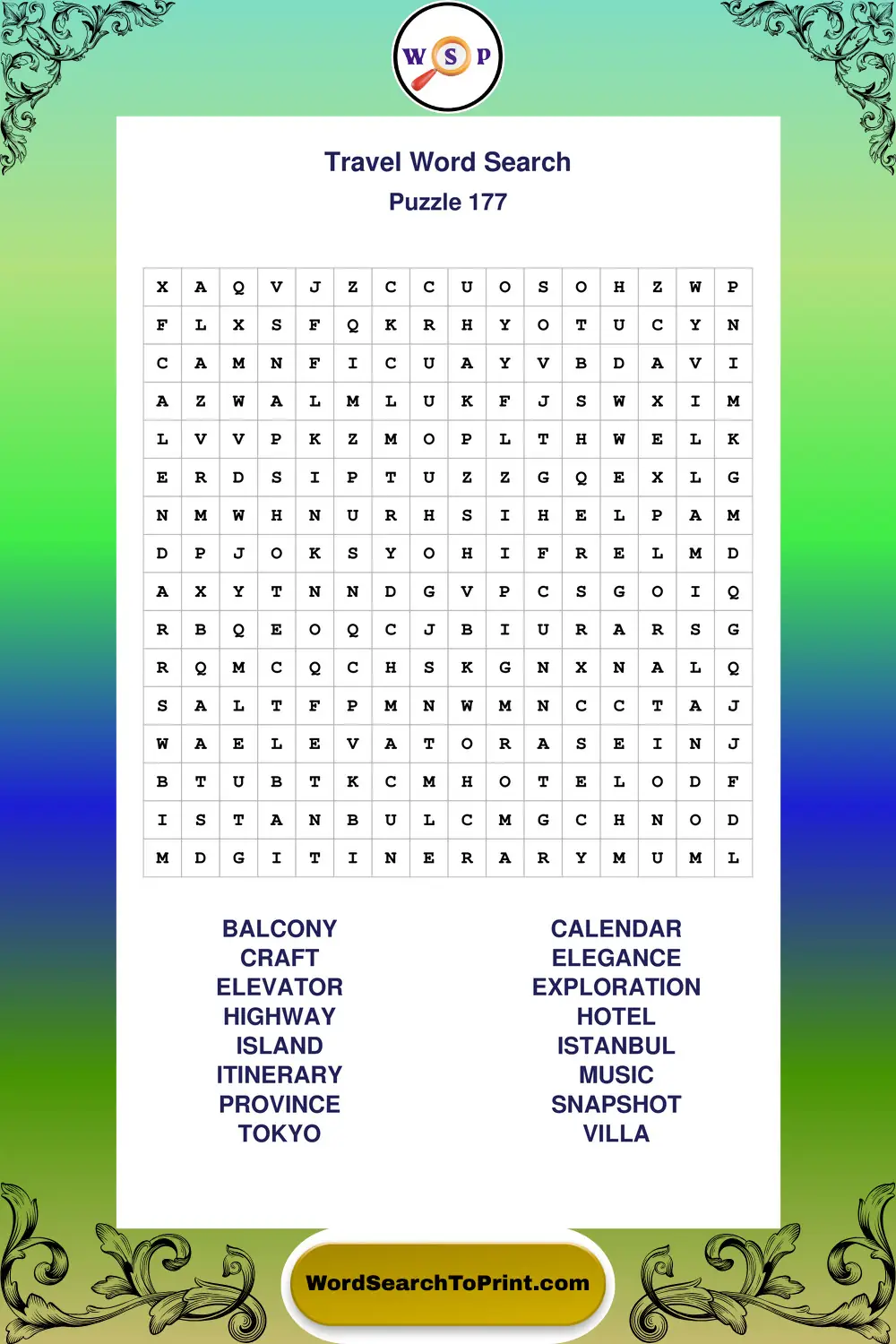 Travel Word Search Puzzle 177