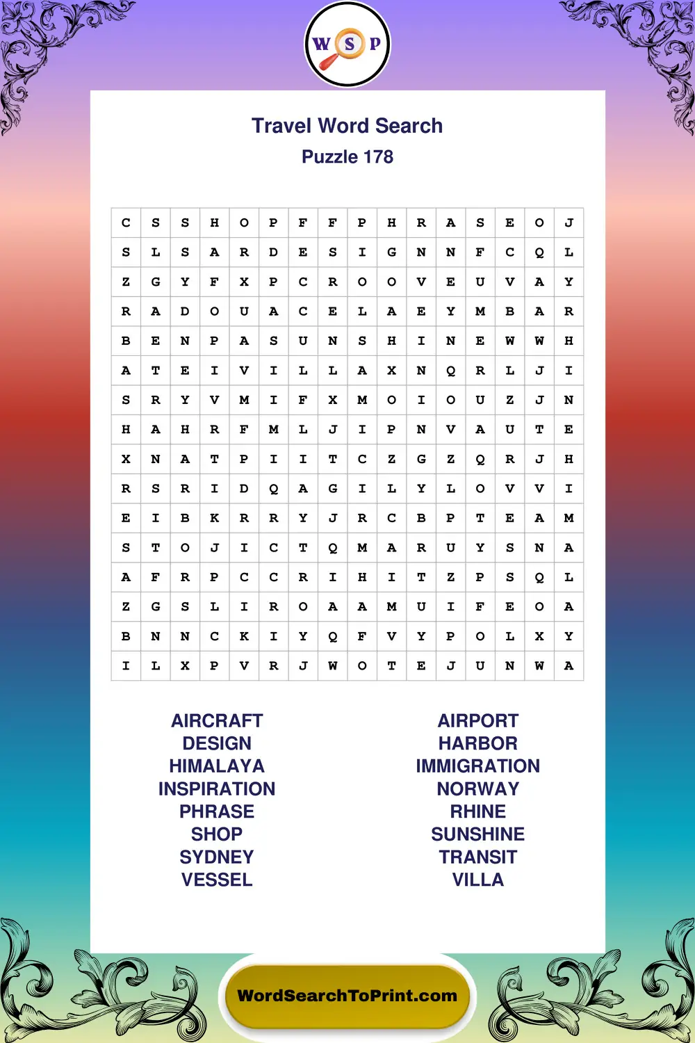 Travel Word Search Puzzle 178