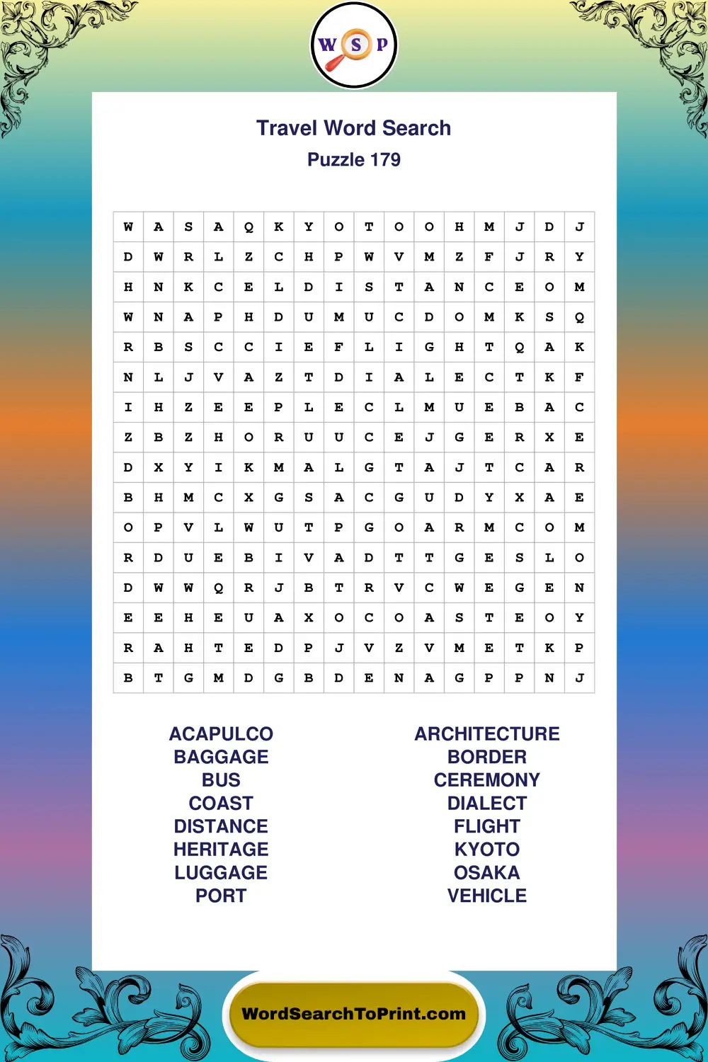 Travel Word Search Puzzle 179