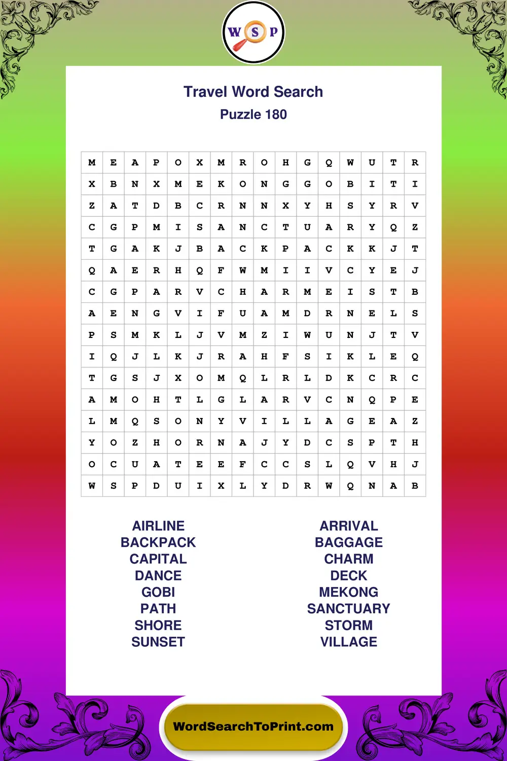 Travel Word Search Puzzle 180