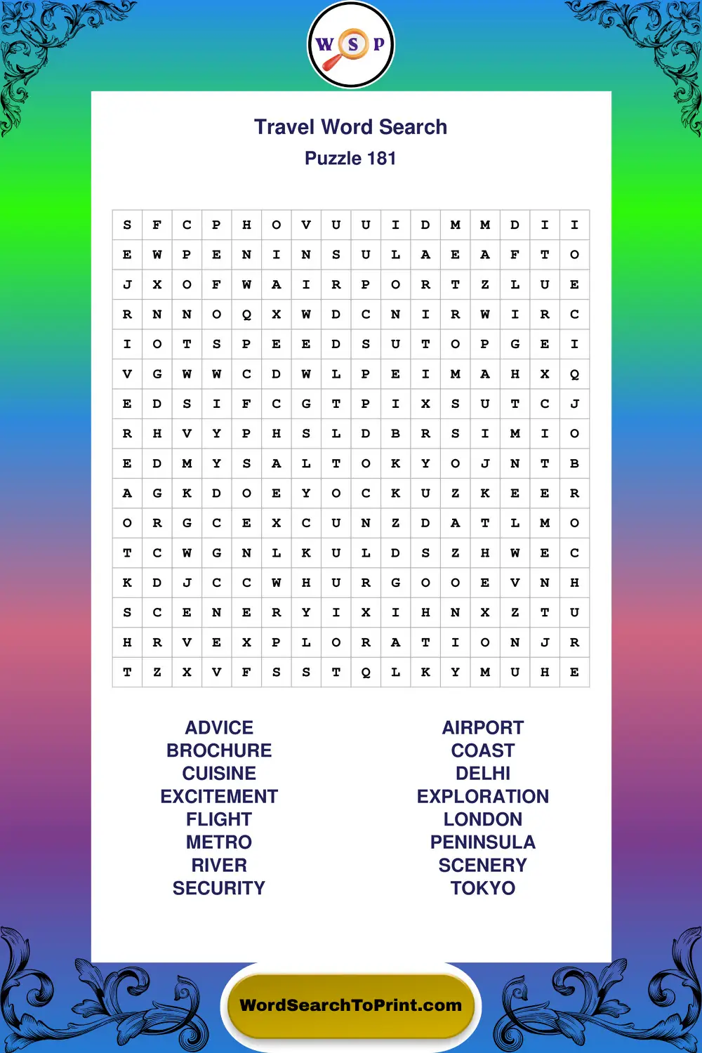 Travel Word Search Puzzle 181