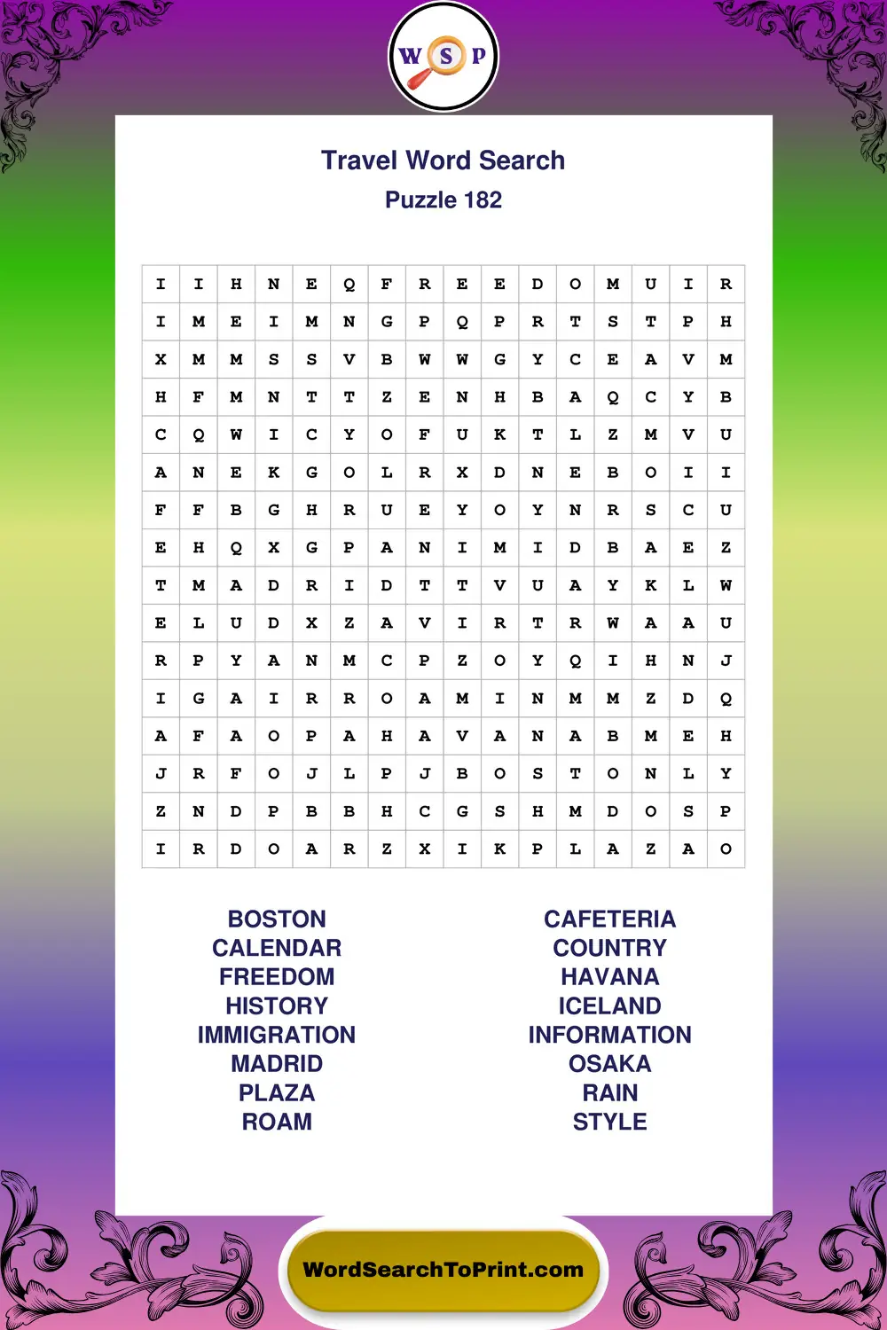 Travel Word Search Puzzle 182