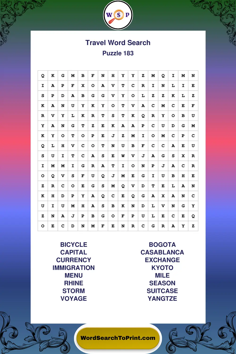 Travel Word Search Puzzle 183