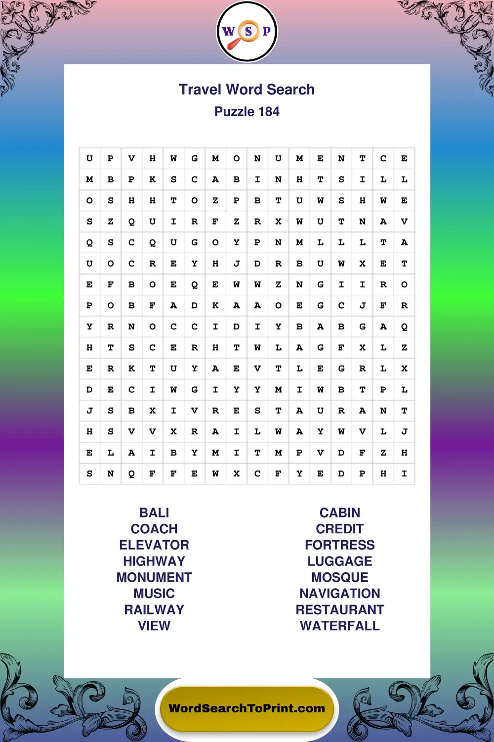 Travel Word Search Puzzle 184