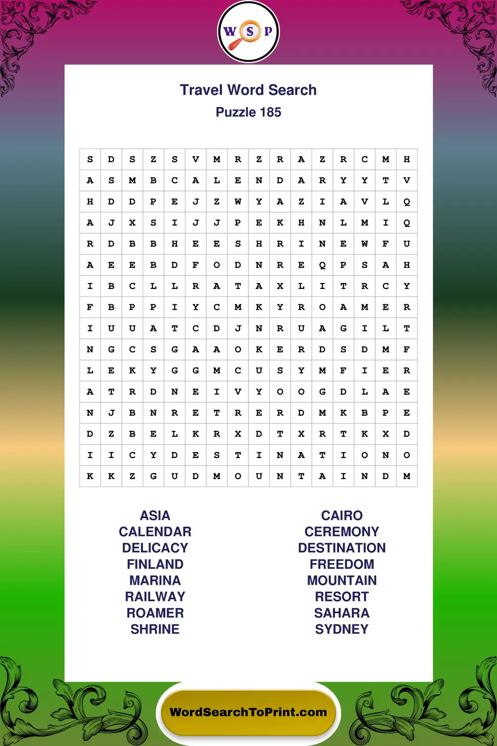 Travel Word Search Puzzle 185