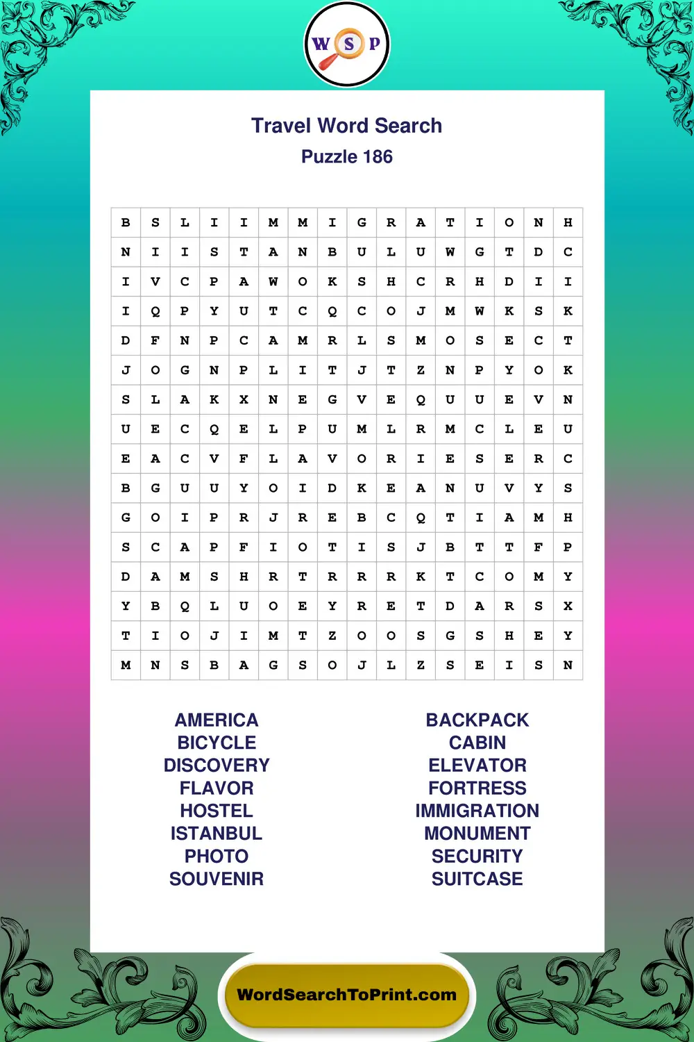 Travel Word Search Puzzle 186