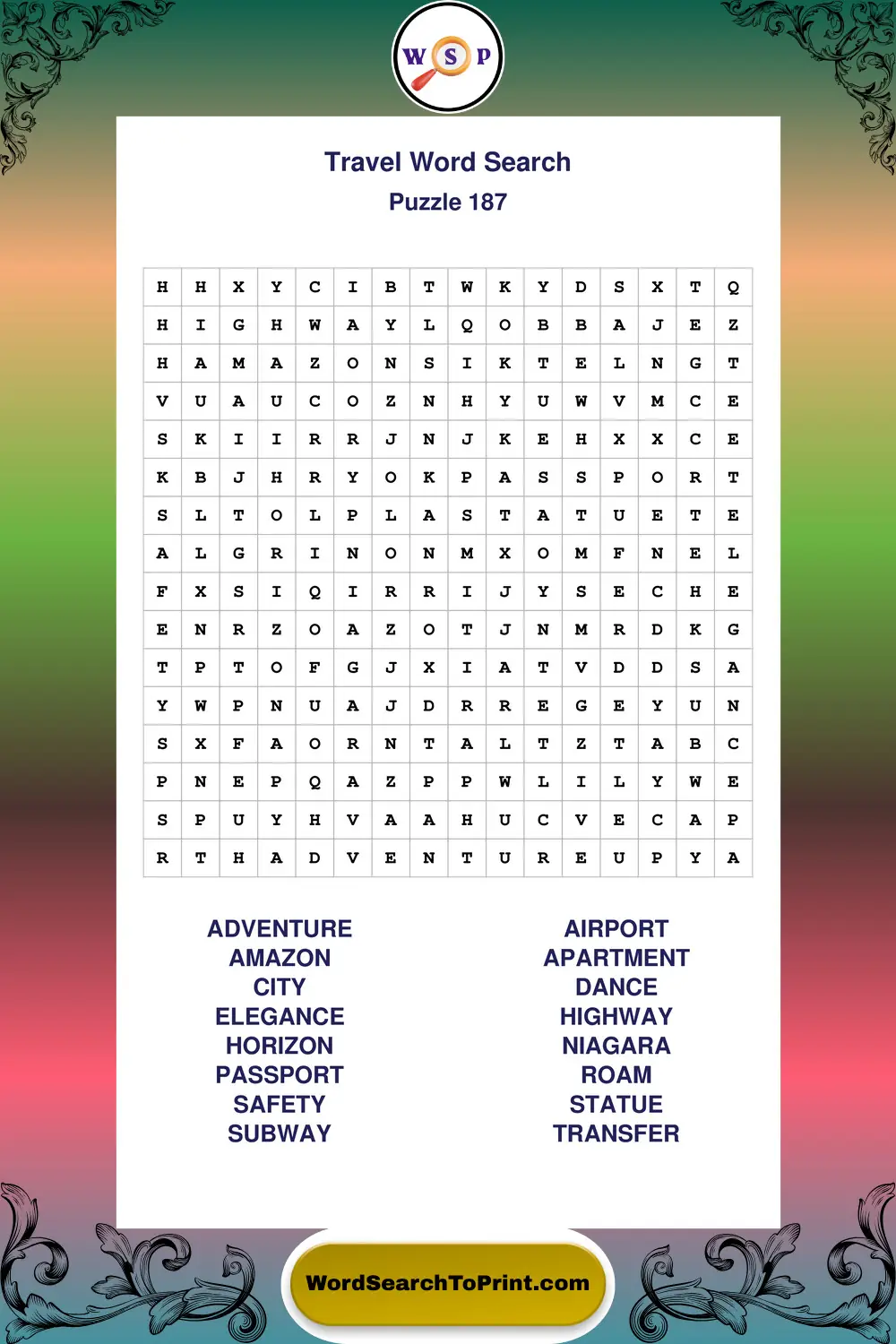 Travel Word Search Puzzle 187