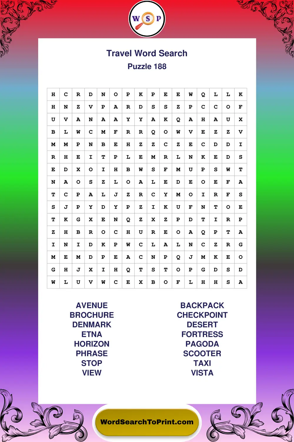 Travel Word Search Puzzle 188