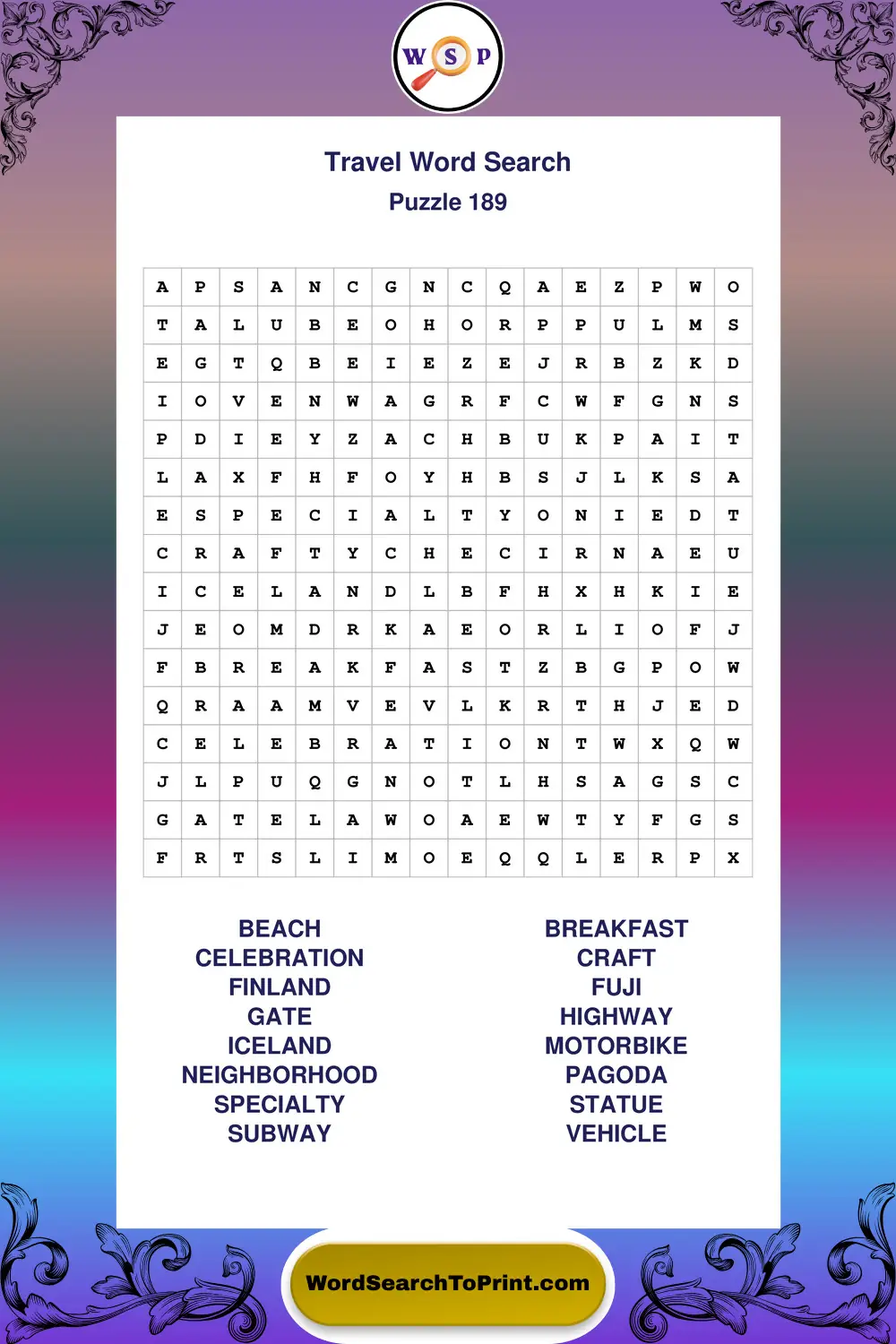 Travel Word Search Puzzle 189