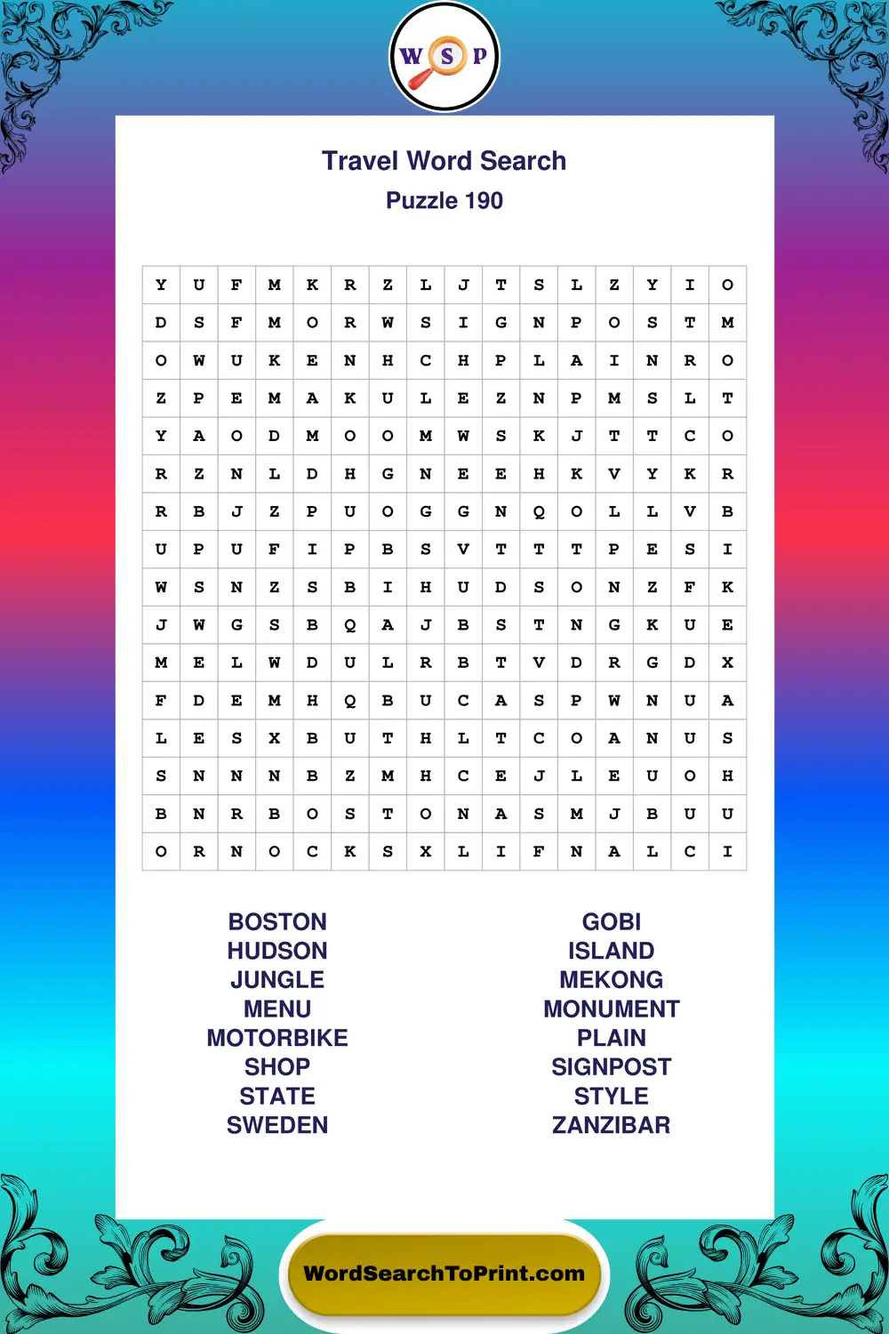 Travel Word Search Puzzle 190