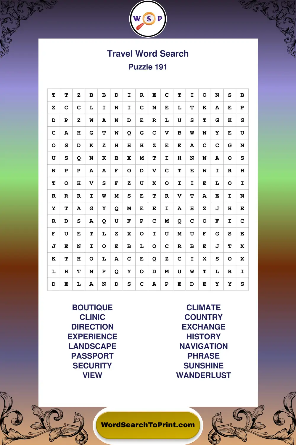 Travel Word Search Puzzle 191