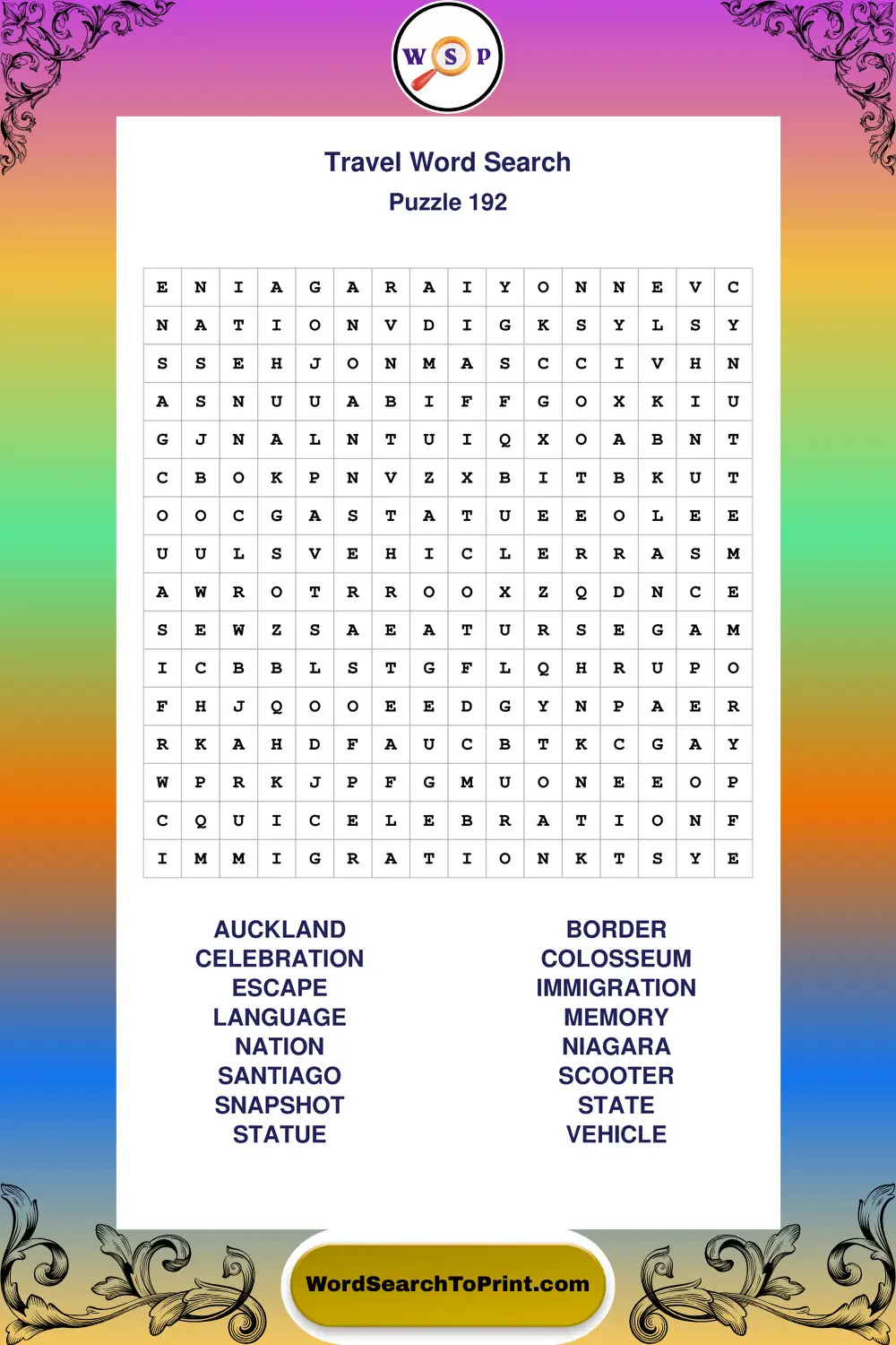 Travel Word Search Puzzle 192