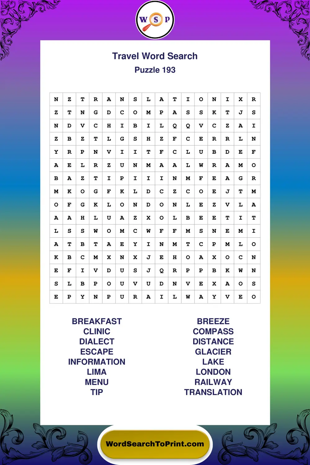 Travel Word Search Puzzle 193