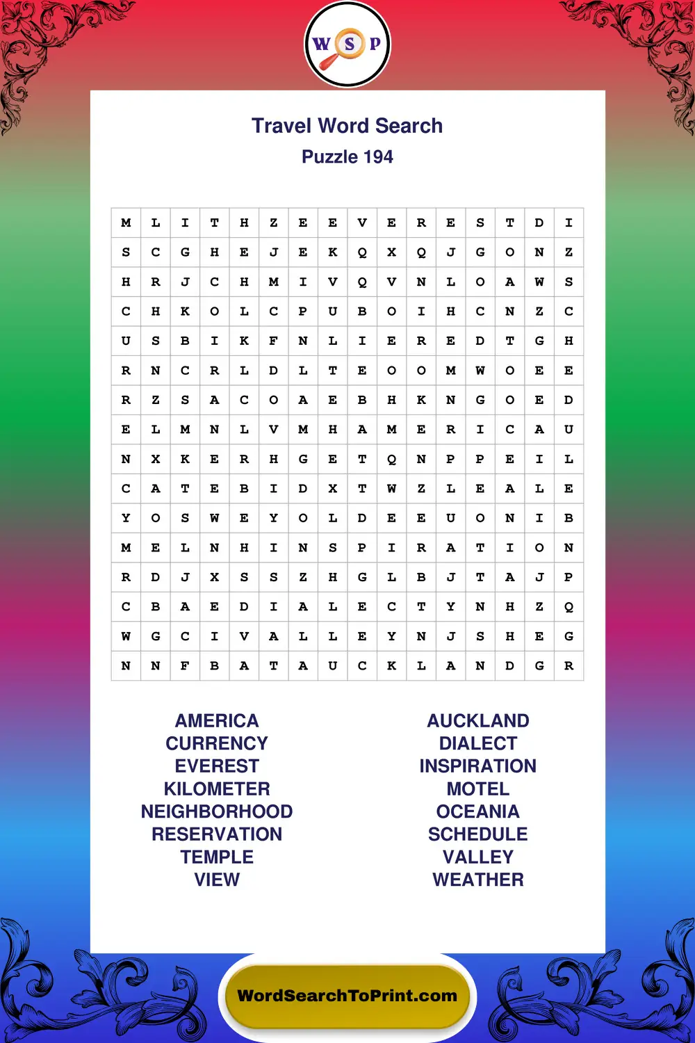Travel Word Search Puzzle 194