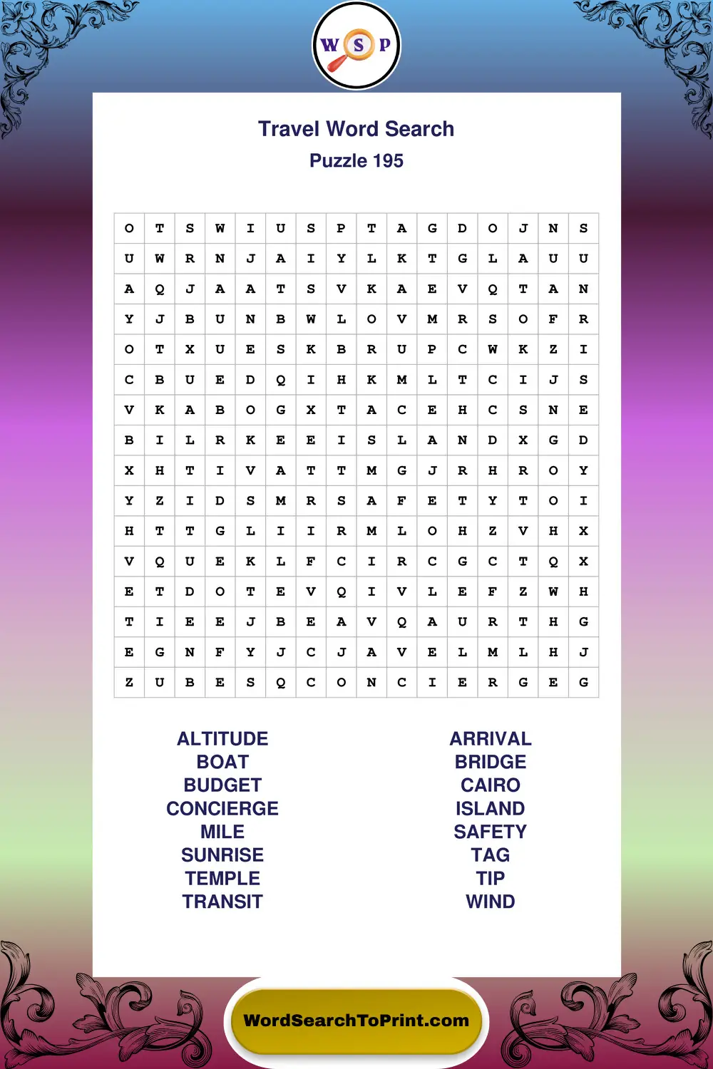Travel Word Search Puzzle 195