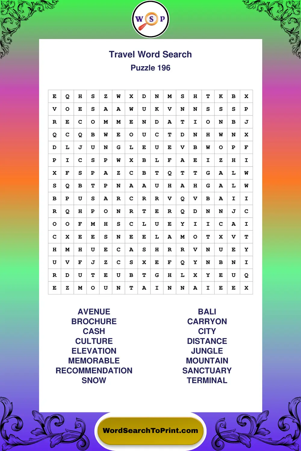 Travel Word Search Puzzle 196