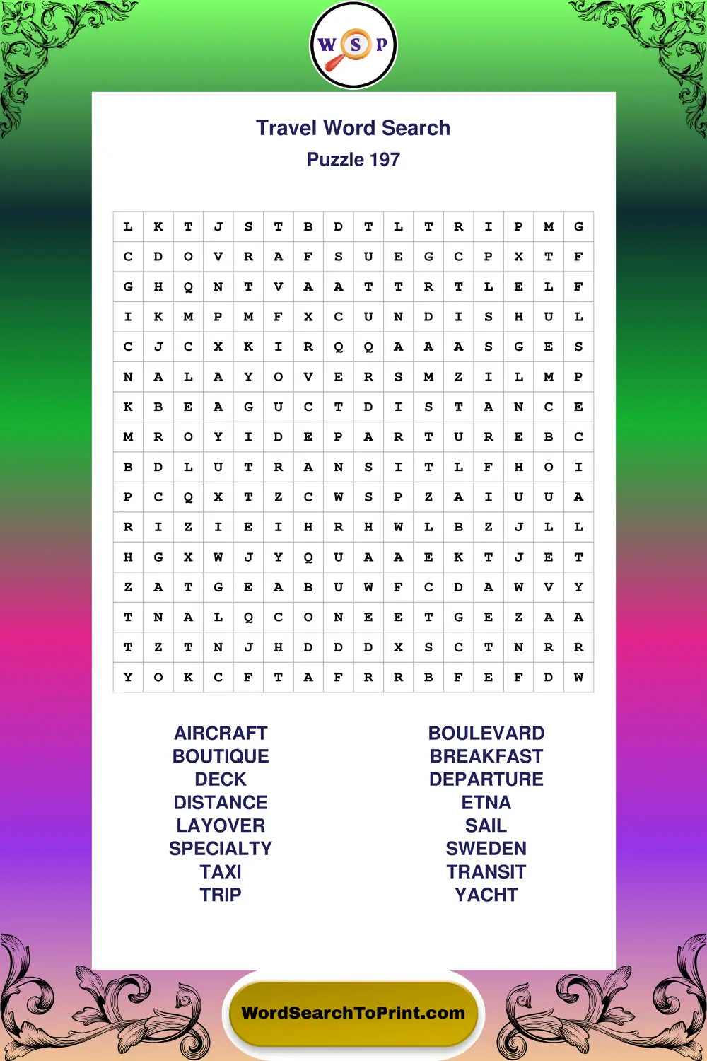 Travel Word Search Puzzle 197