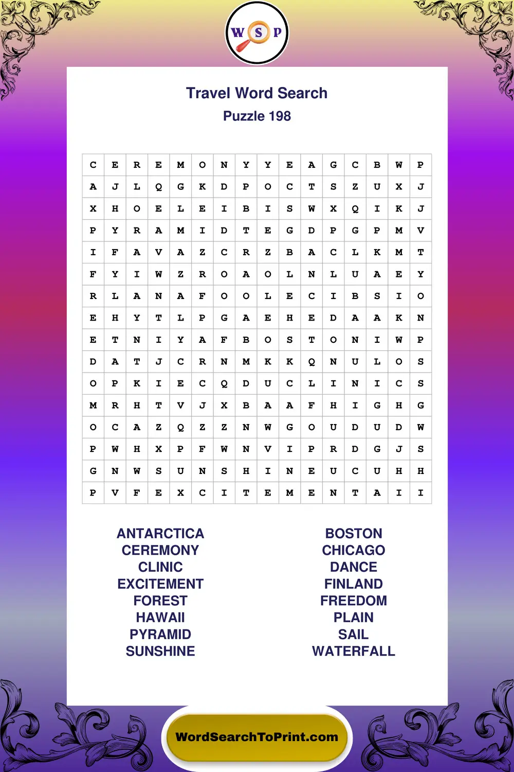 Travel Word Search Puzzle 198