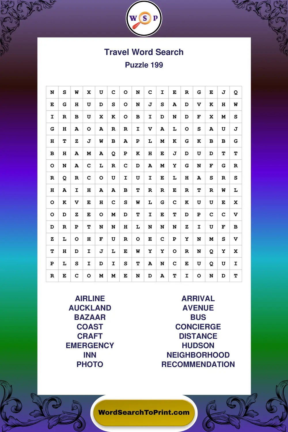 Travel Word Search Puzzle 199