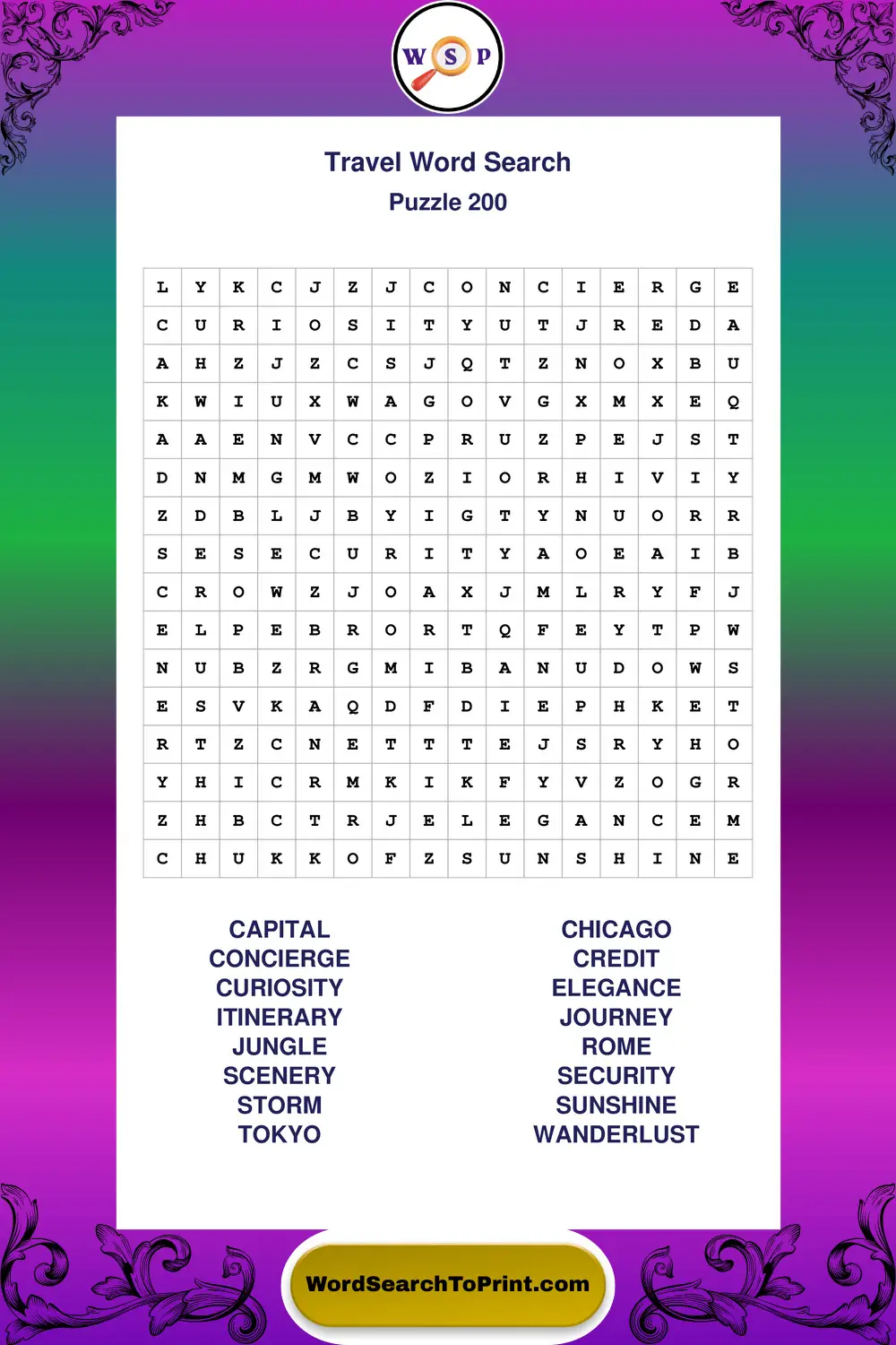 Travel Word Search Puzzle 200
