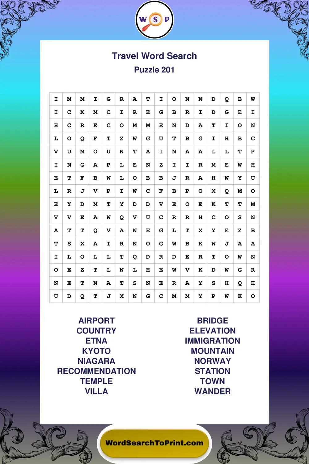 Travel Word Search Puzzle 201