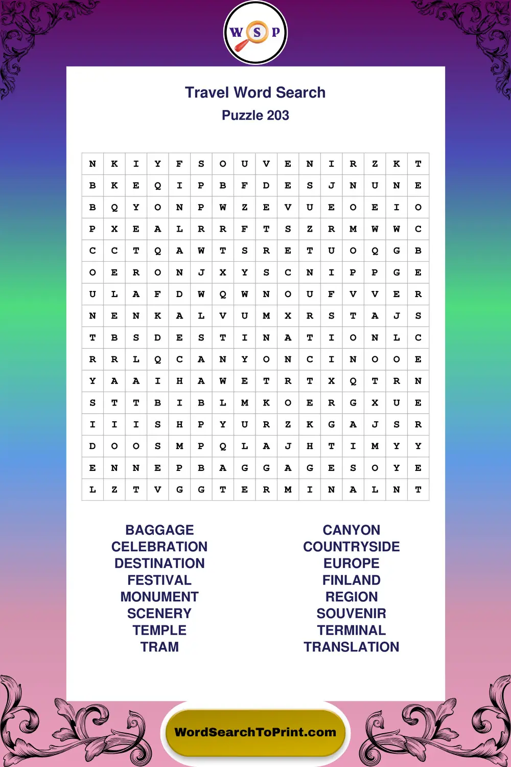 Travel Word Search Puzzle 203
