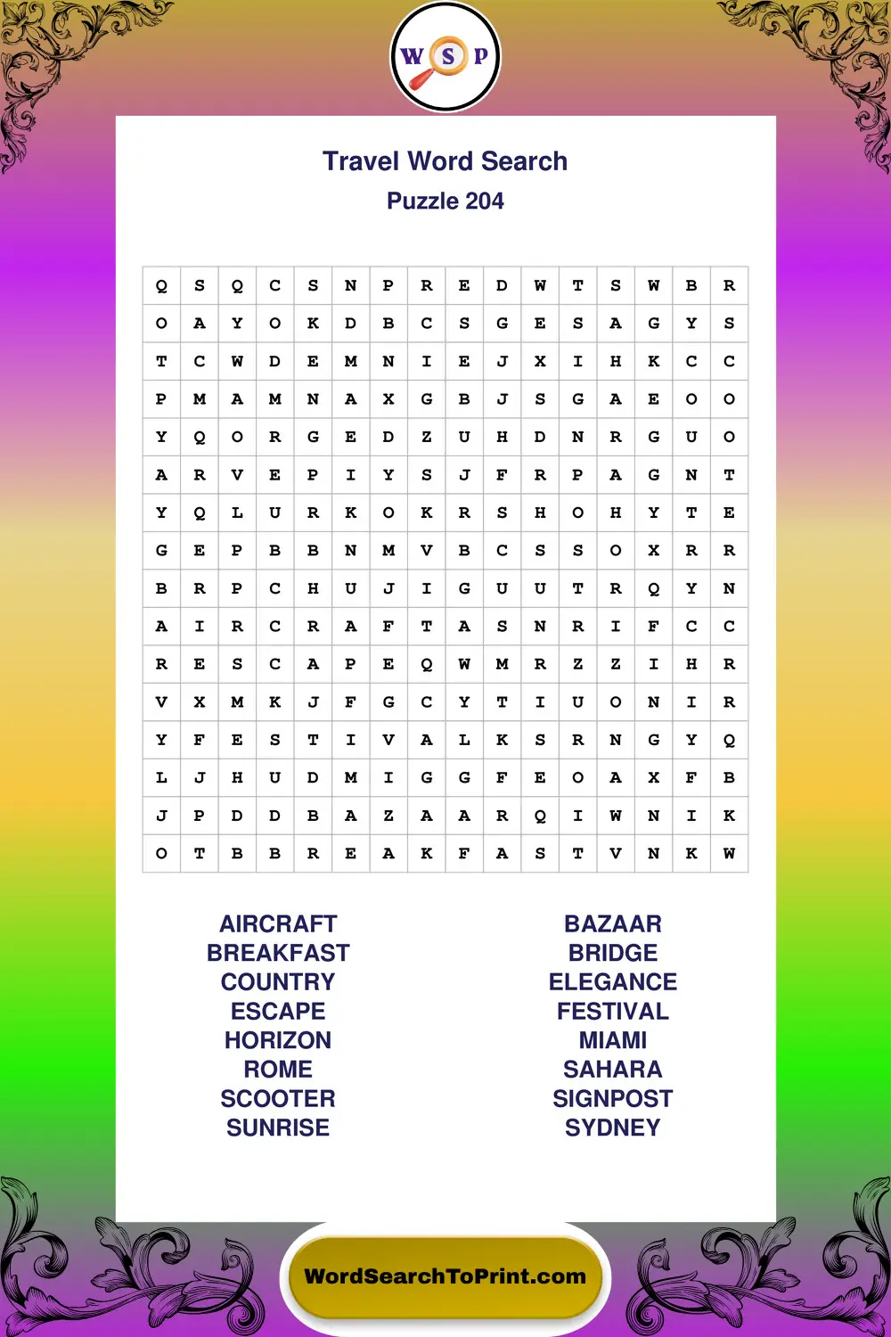 Travel Word Search Puzzle 204
