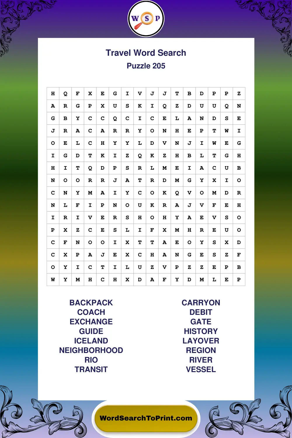 Travel Word Search Puzzle 205