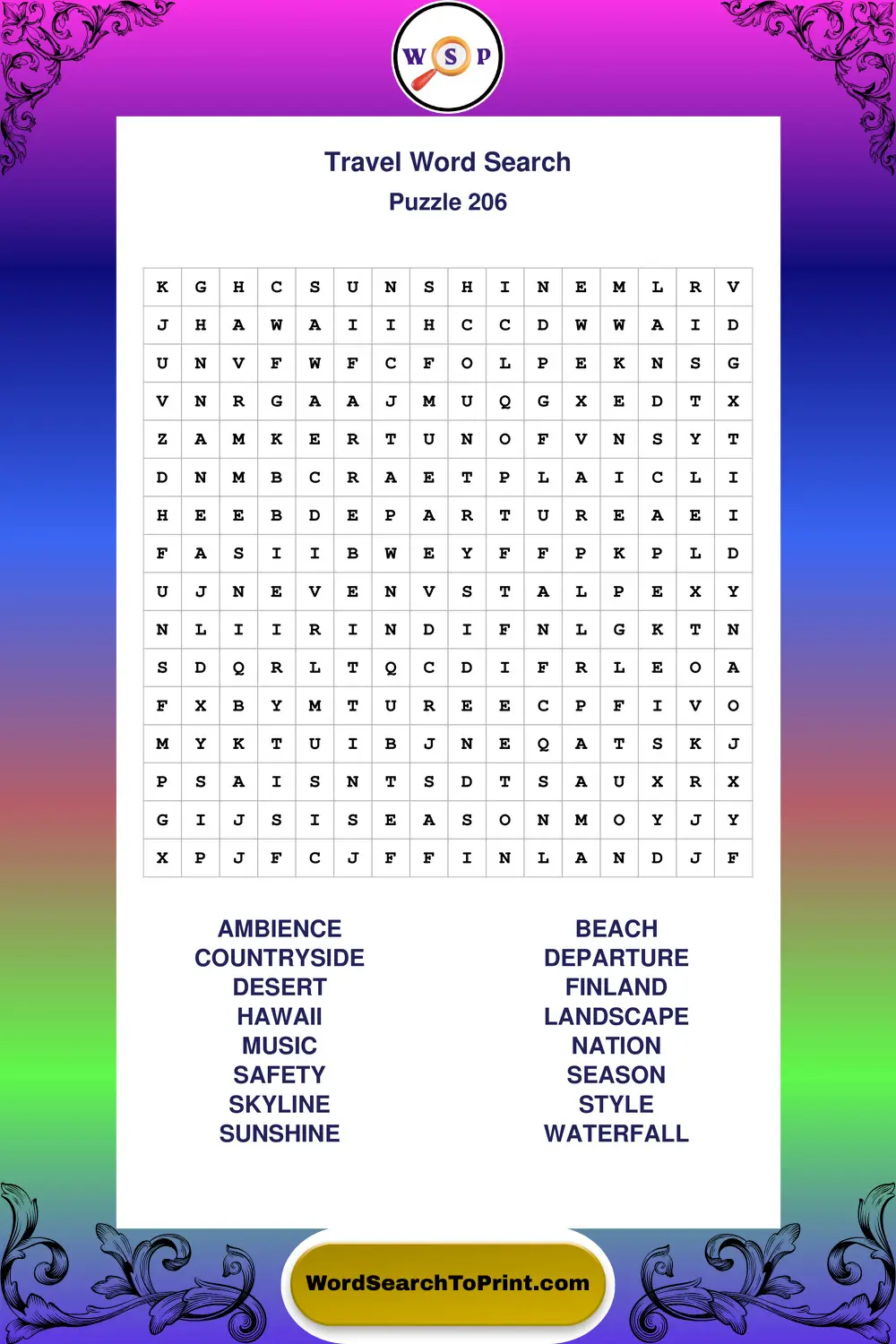 Travel Word Search Puzzle 206