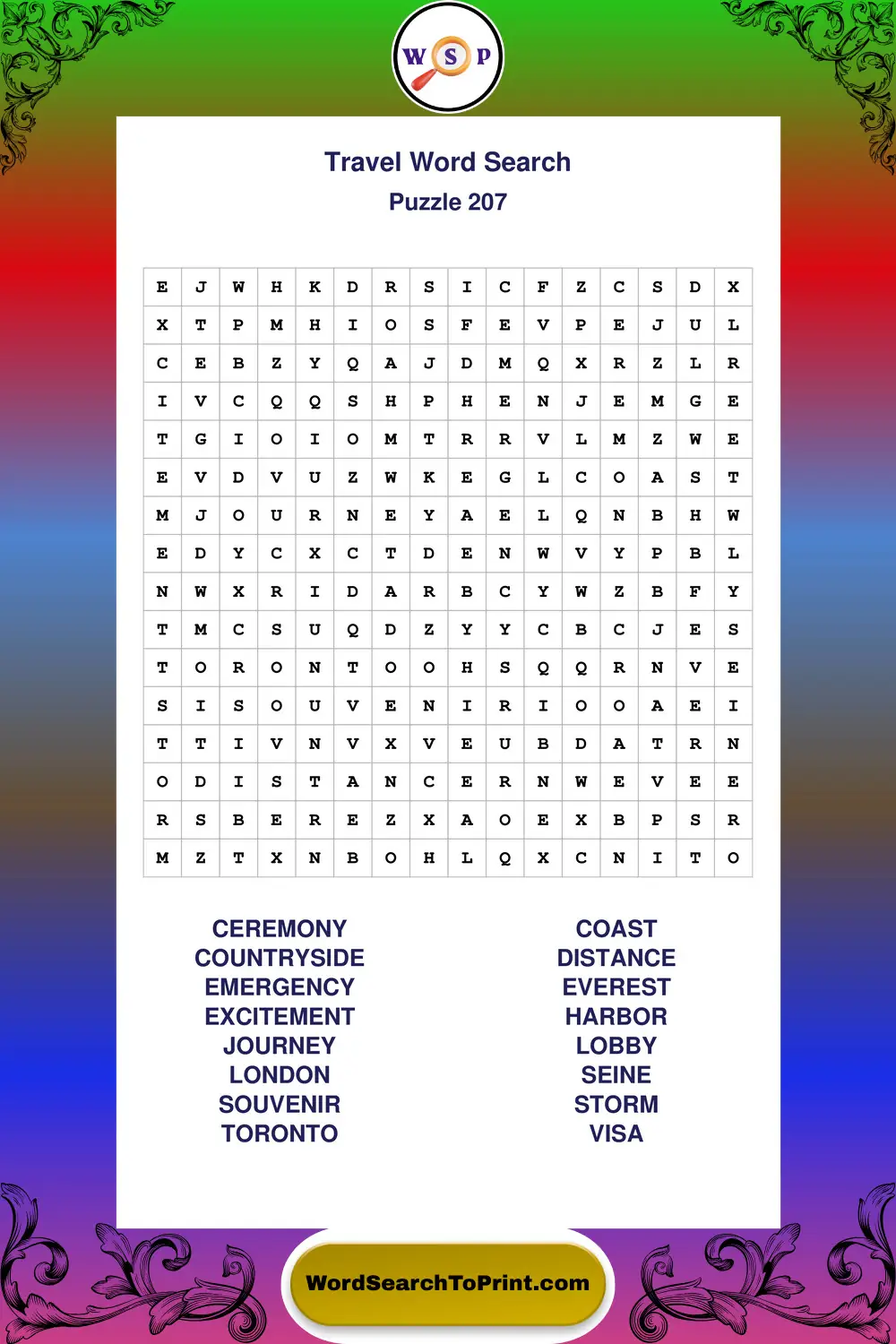 Travel Word Search Puzzle 207