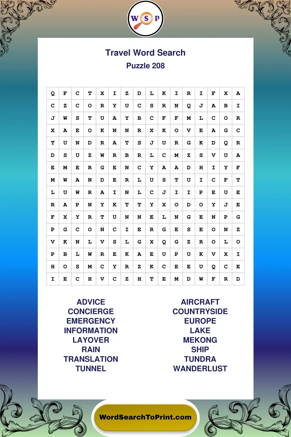 Travel Word Search Puzzle 208