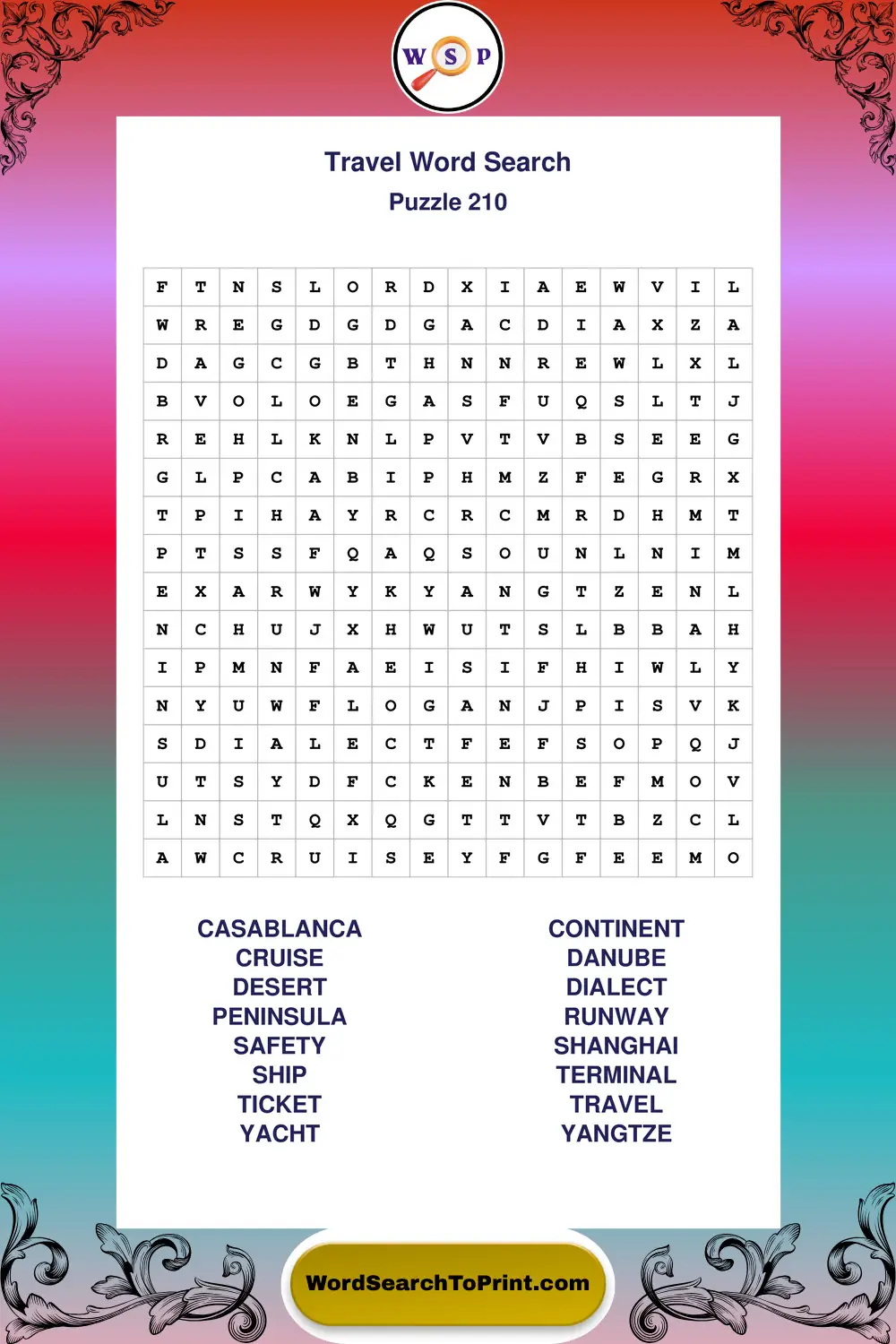 Travel Word Search Puzzle 210