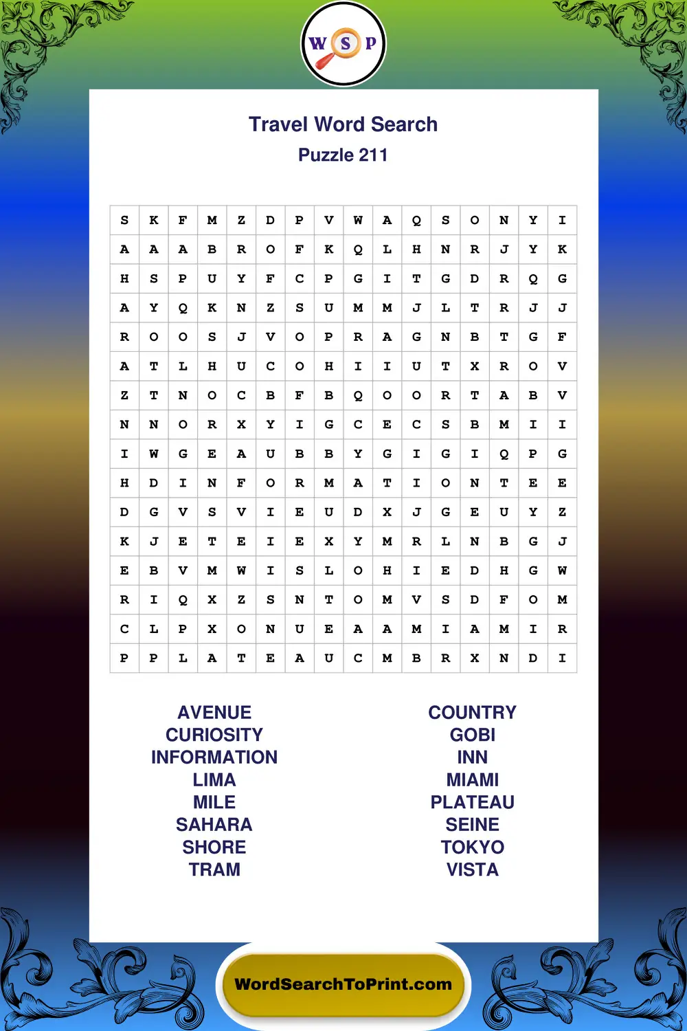 Travel Word Search Puzzle 211