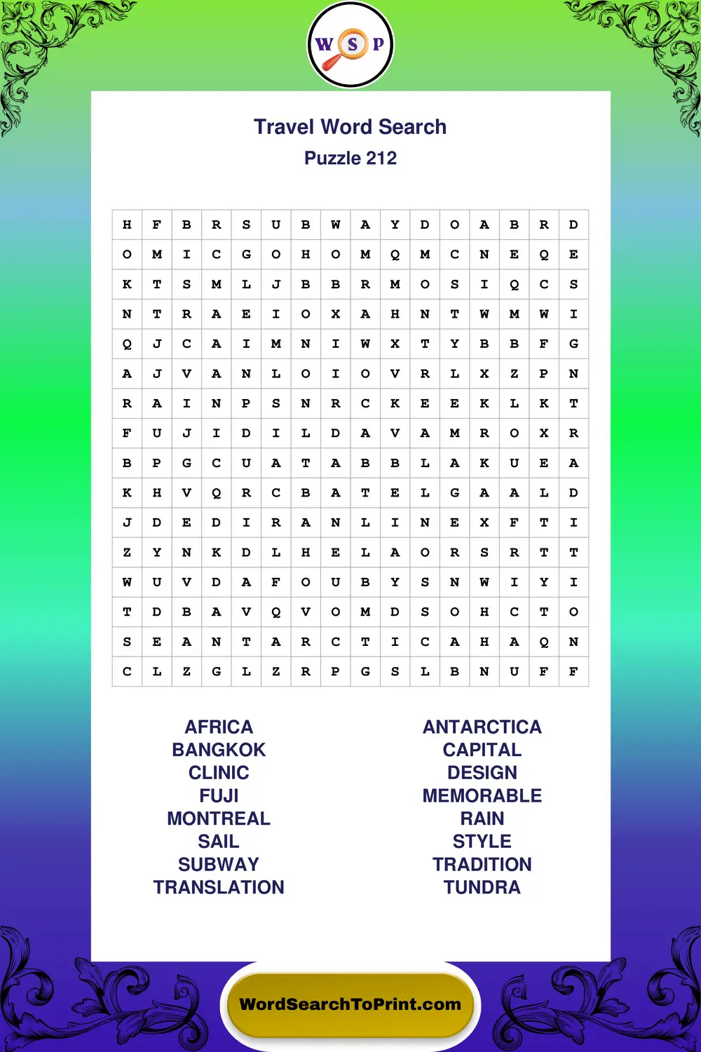 Travel Word Search Puzzle 212