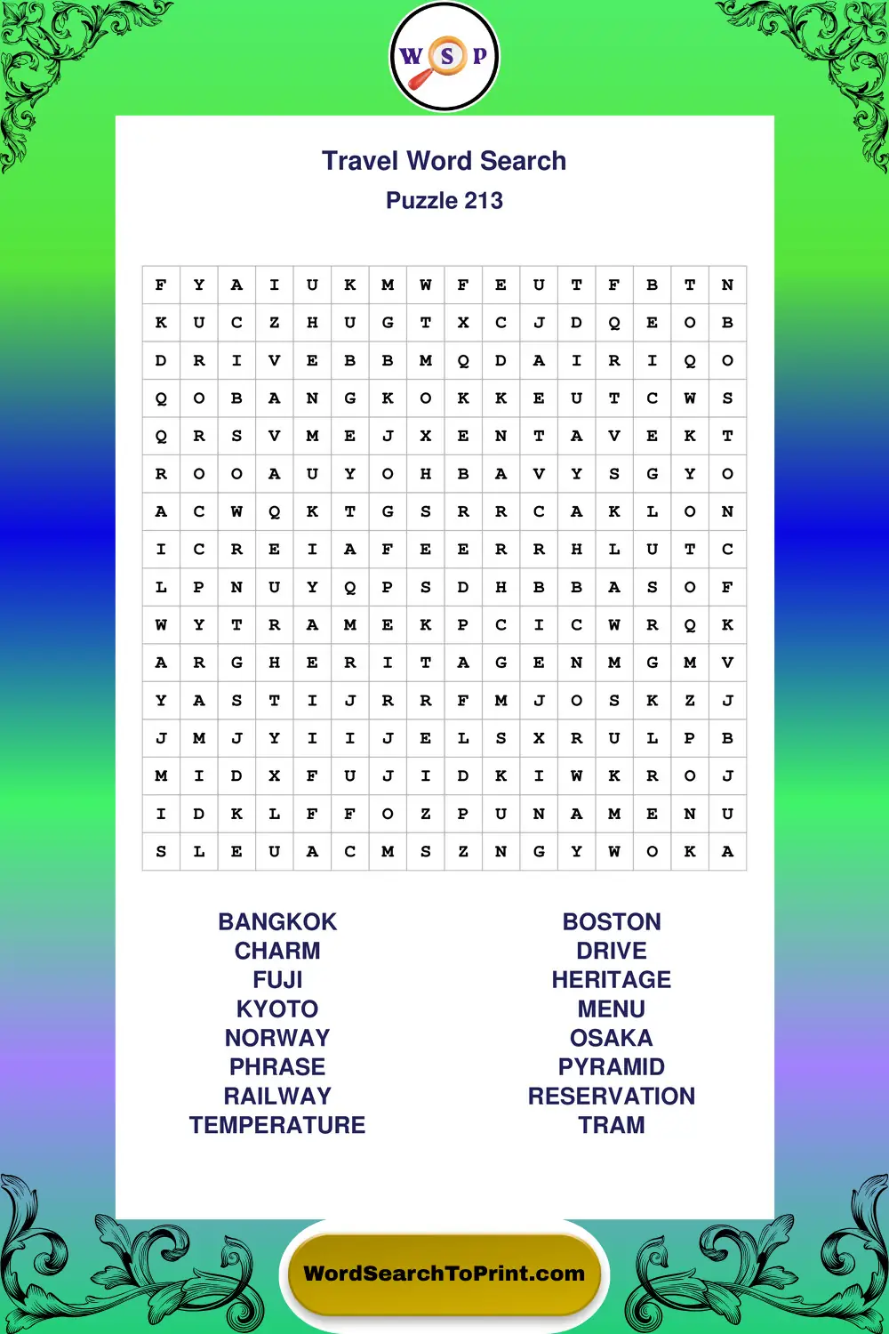 Travel Word Search Puzzle 213