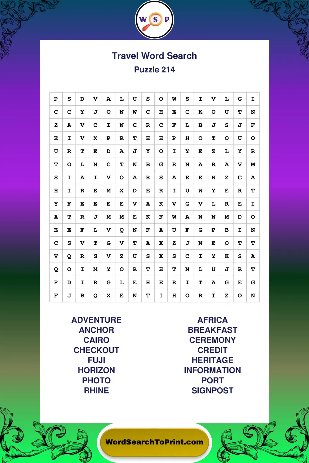 Travel Word Search Puzzle 214