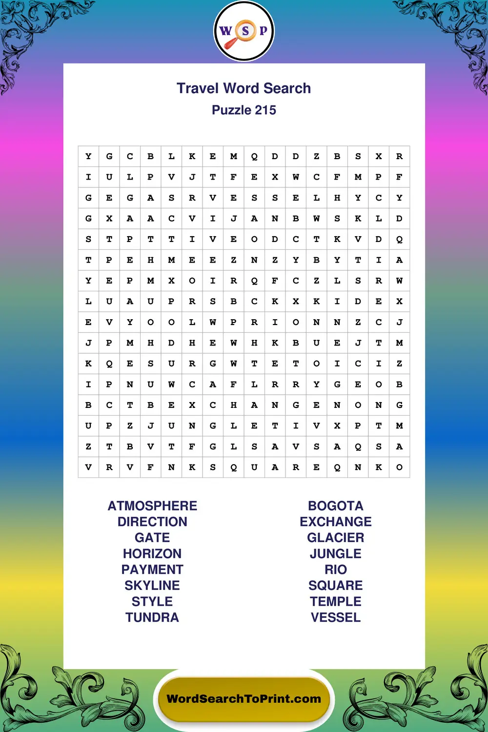 Travel Word Search Puzzle 215