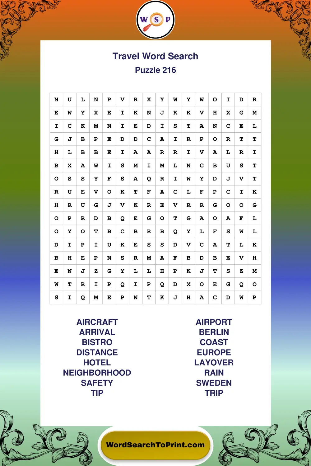 Travel Word Search Puzzle 216