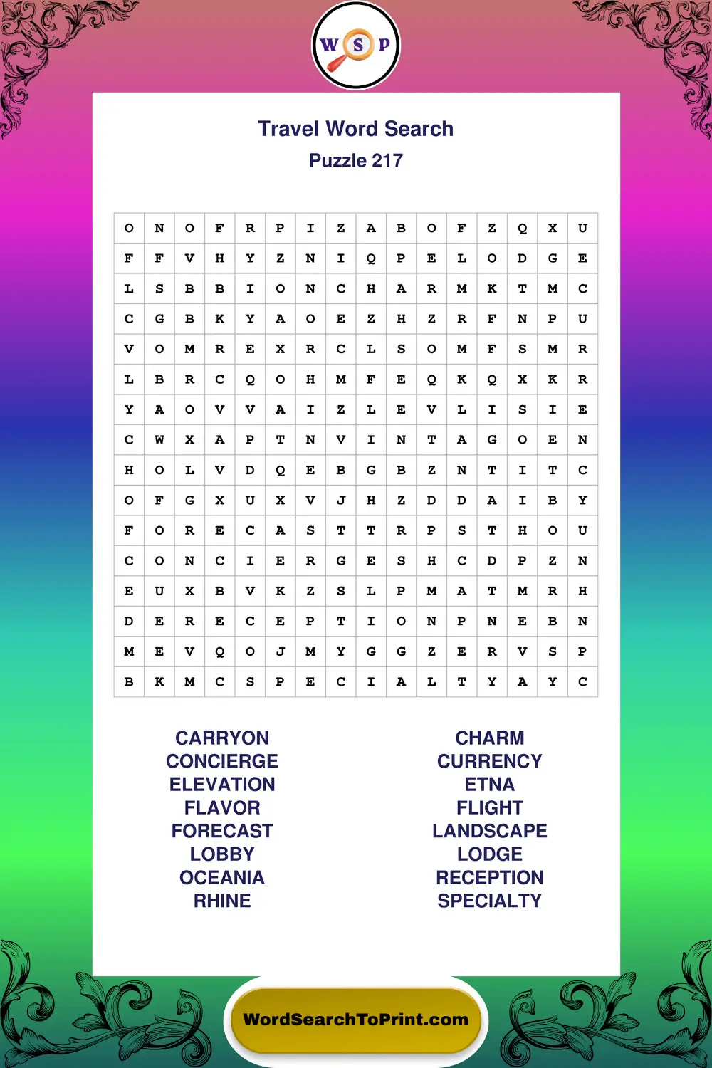 Travel Word Search Puzzle 217