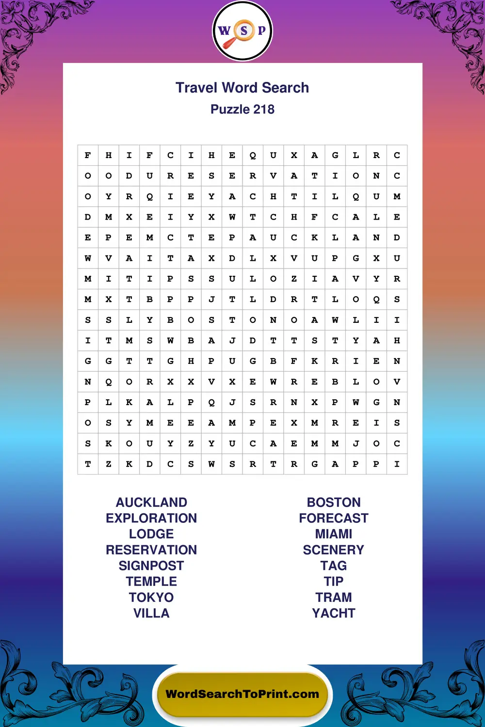 Travel Word Search Puzzle 218