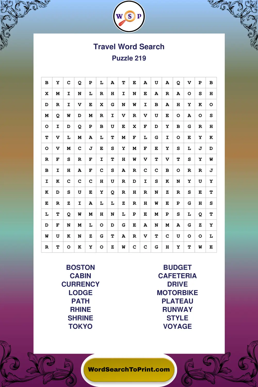 Travel Word Search Puzzle 219