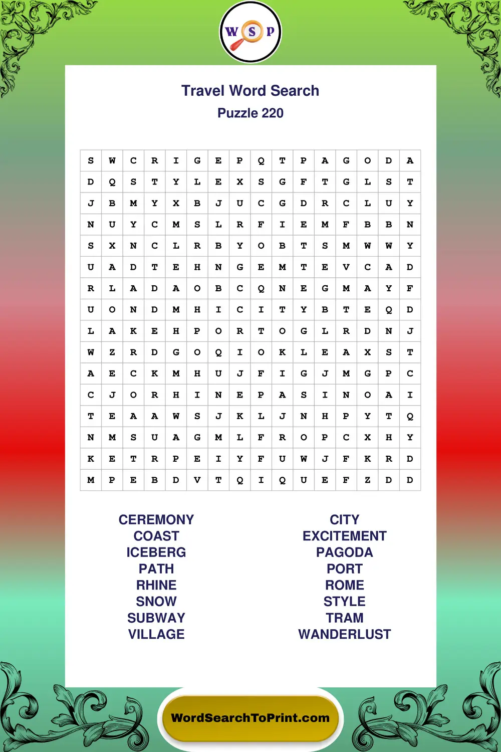 Travel Word Search Puzzle 220