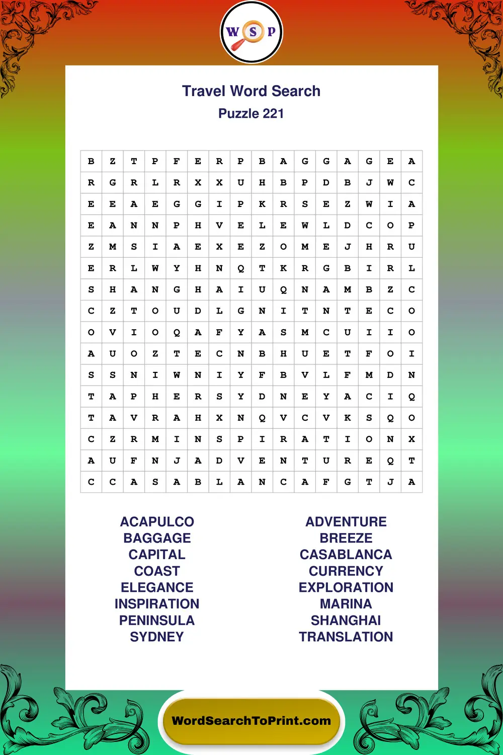 Travel Word Search Puzzle 221