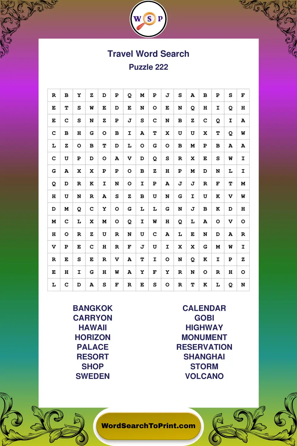 Travel Word Search Puzzle 222