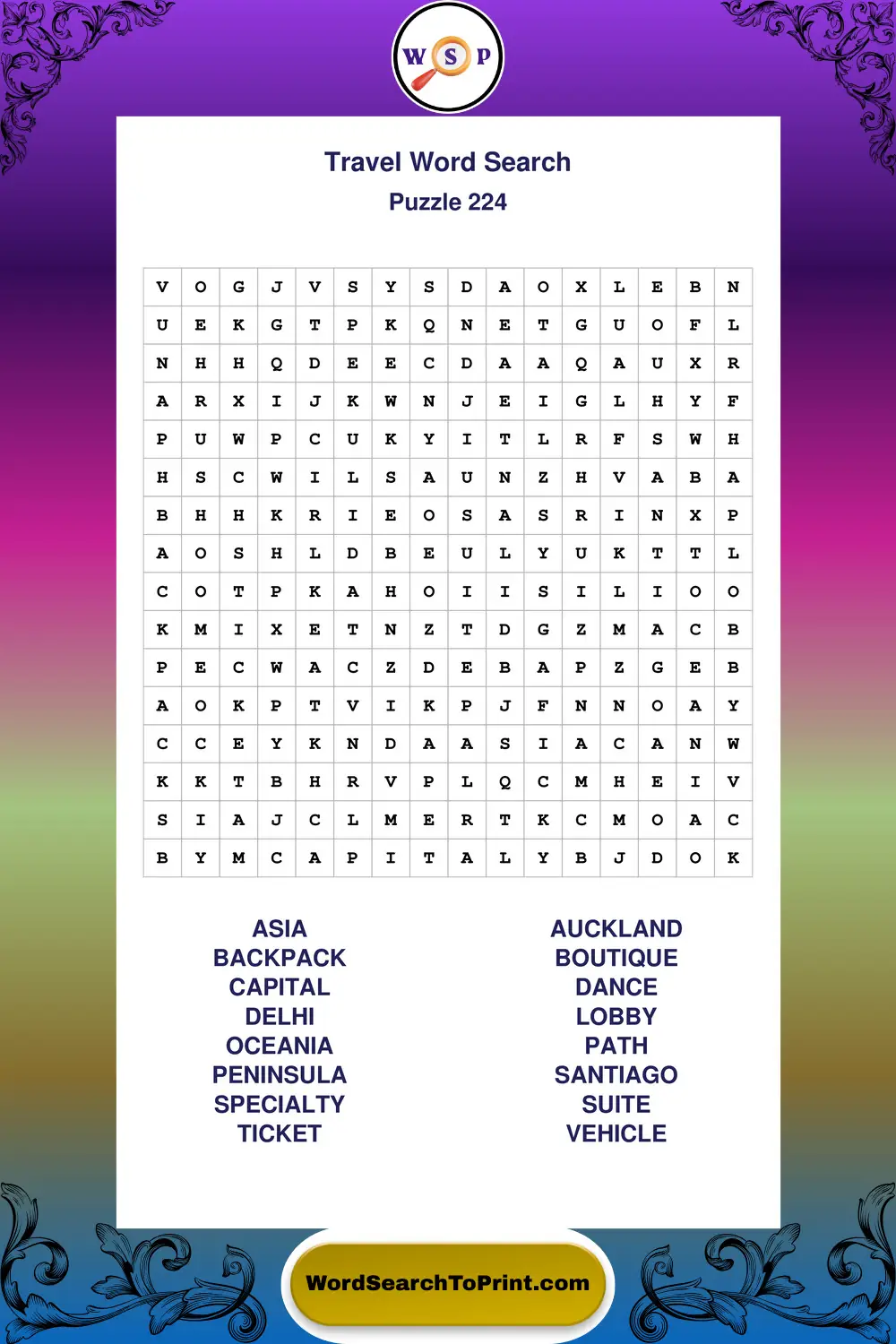 Travel Word Search Puzzle 224