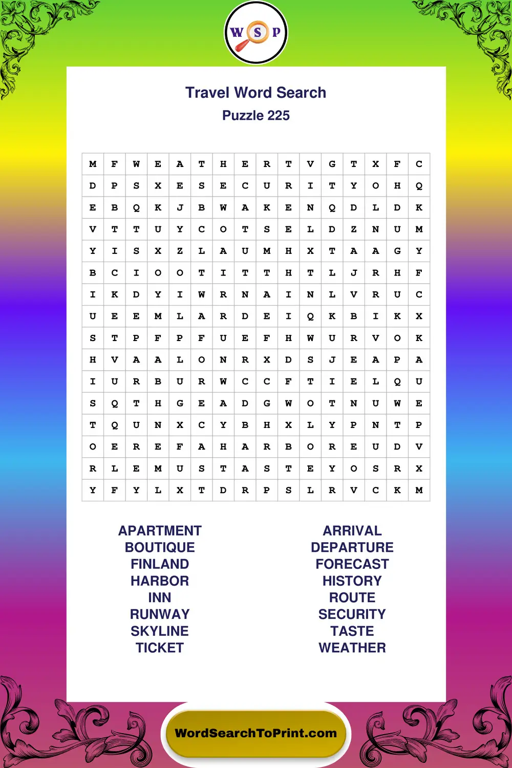 Travel Word Search Puzzle 225