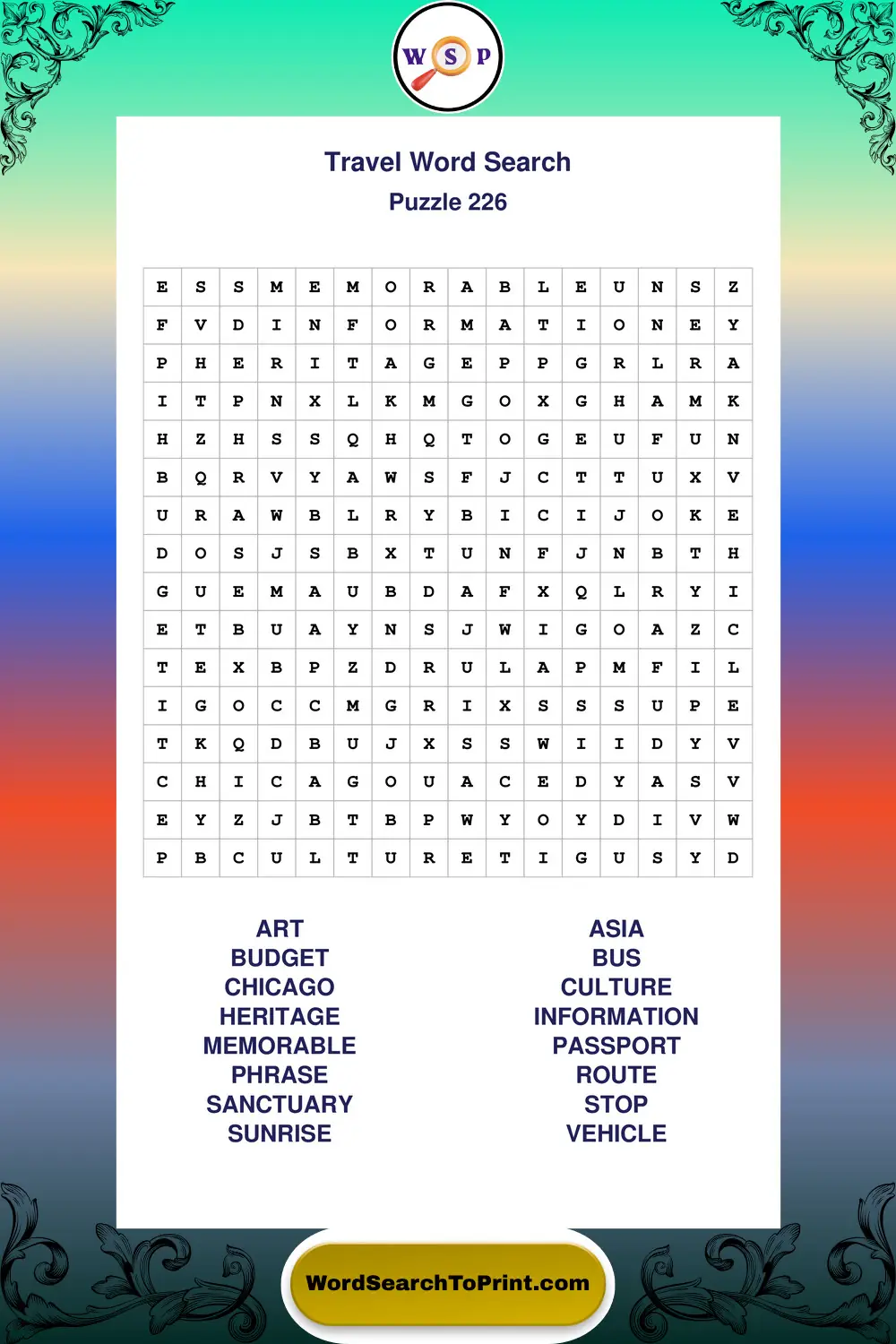 Travel Word Search Puzzle 226